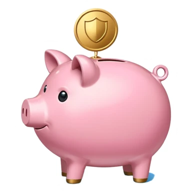 A clean and simple emoji-style icon: A stylized piggy bank with a coin dropping into it from above. Next to or slightly behind the piggy bank, a small shield symbolizing security and protection. Minimal details, rounded shapes, bright flat colors, consistent with standard emoji design. sticker