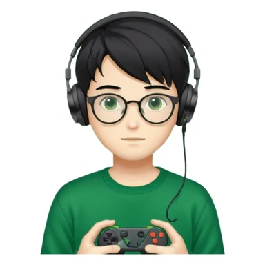 
gamer, Gorgeous green sweater black hair anime style shojo guy glasses, headphone, gamepad sticker