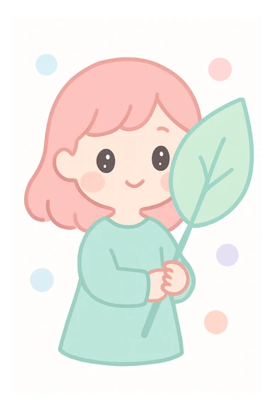 a girl holding a large leaf with a gentle expression, soft and tender mood sticker