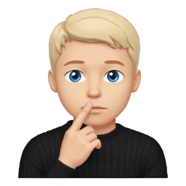 man in black knitted sweater in thinking pose, blue eyes, index finger touching his chin, eyes looking up to the top right sticker