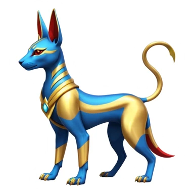 Modern futuristic shiny colorful Anubis-Sphynx-Lombax-Zeraora-Renamon-fusion (full body) sticker