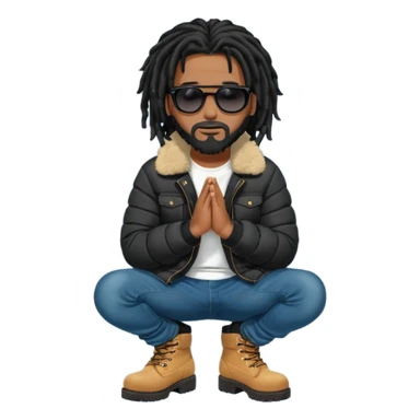African American man with shoulder length black dreadlocks with black beard wearing black sunglasses wearing a black bubble winter coat  wearing denim skinny jeans and timberland boots praying on knees sticker