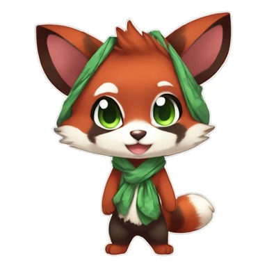 Cute, Chibi, Kemono-style, Anthro, Fur-Sona, Dark-Red, RedPanda-Mouse-hybrid-Transformice-Fakémon, with a green bandana, full body sticker