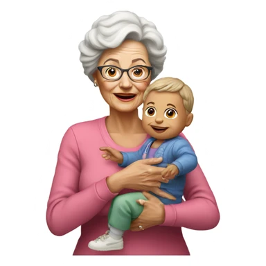 Create a 3d hyper realistic photo of a senior woman holding a toddler  sticker
