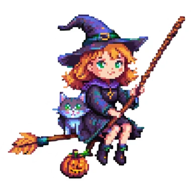 witch on a broomstick with a cat familiar sticker