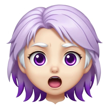 Chibi Sable Ward with shocked expression, wide purple eyes, mouth in an O shape, white hair with purple streaks, surprised look sticker