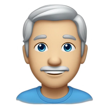 Grey hair, thinning on top, blue eyes, dimple on right cheek, gap between upper two front teeth sticker