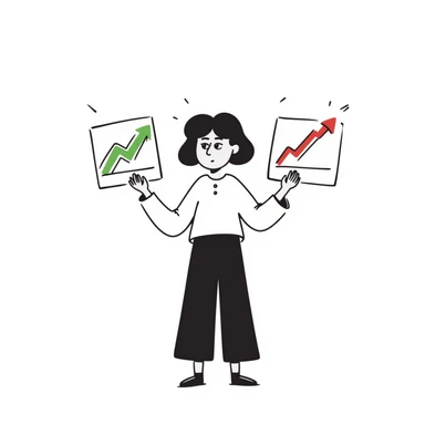 Girl holding chart with rising green graph line in right hand and holding another chart with falling red graph line in left hand sticker