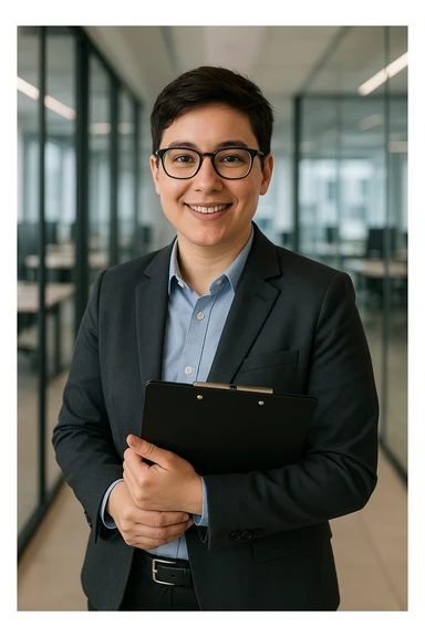 gender neutral marketer with glasses, professional attire, holding a clipboard, friendly expression, modern office background sticker