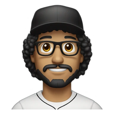Latino man with long curly hair wearing black glasses brown eye and black baseball hat short black beard and mustache sticker