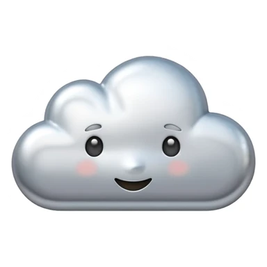 A cute cloud emoji made of silver chrome, smooth rounded shape, glossy metallic surface, soft reflections, minimal and friendly design, iOS emoji style, centered, clean white background, soft lighting sticker