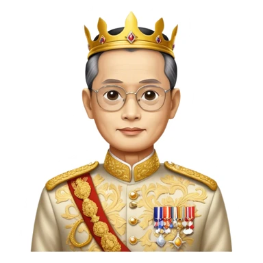 Cinematic Realistic King Bhumibol Adulyadej Portrait Emoji, depicted as a revered Thai monarch with a dignified expression and traditional royal attire, rendered with lifelike textures and soft regal lighting that captures his lasting legacy. sticker