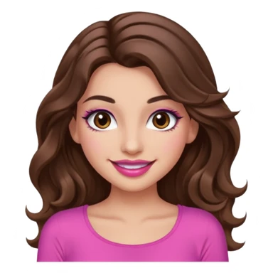 girl with long wavy brown hair, brown eyes, long lashes makeup, sexy pink lips, light to medium complexion, wearing a pink sexy top, smiling sticker