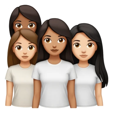 Three women, light skin with dark brown long hair, tan skin black long hair, and tan skin dark brown short hair, white tee sticker