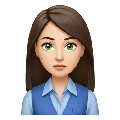 43 year old Adult woman avatar, light skin tone, long, oval face, long straight ashy brown hair, green almond-shaped eyes with dramatic eyelashes and minimal eyeliner, neutral mouth, medium straight eyebrows, average nose, smooth skin,  white collared button down shirt, blue vest sticker