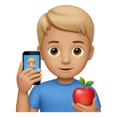 A little kid holding a phone, apple style emoji, wearing a blue shirt. sticker
