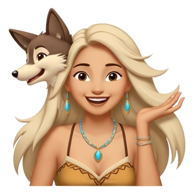 Cinematic Adorable Pocahontas Portrait Emoji, Laughing softly as Meeko tugs at her necklace, hair tousled in the wind, eyes full of warmth, a carefree spirit shining through, capturing the essence of beauty and playfulness! sticker