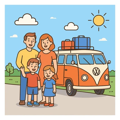 color vector art with thin outline of family on road trip with volkwagon van  sticker
