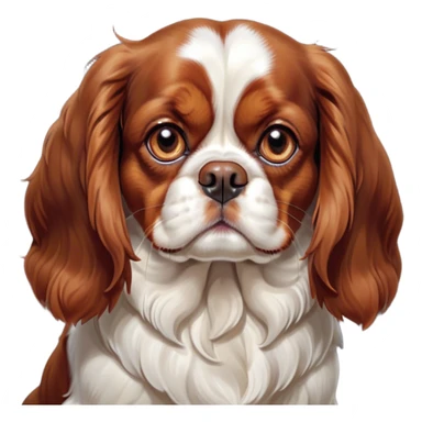 Cinematic Grumpy Blenheim Cavalier King Charles Spaniel Portrait Emoji, Head tilted slightly with a deeply unimpressed expression, thick Blenheim coat with pronounced chestnut and white markings, large, droopy brown eyes narrowed into an unamused glare, ears slightly drooping in exasperation, Simplified yet comically expressive features, highly detailed, glowing with a dry, sarcastic glow, high shine, effortlessly judgmental yet dignified, stylized with a touch of cynicism, bright but brooding, soft glowing outline, capturing the essence of an eternally unimpressed yet endearing companion, so lifelike it feels like it could sigh heavily at you in disdain at any moment! sticker
