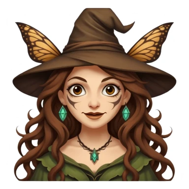 mischievous forest witch woman long wavy brown hair tattoos smirk moth sticker