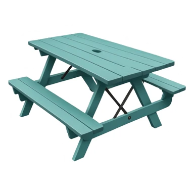 picnic table with attached benches, muted teal, straight vertical legs, small wheels, flat wood-style silhouette, minimal shading, clean geometry sticker