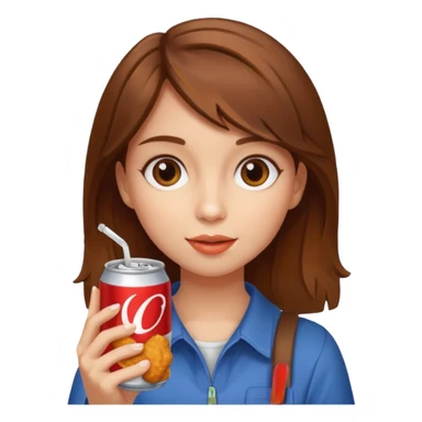 brown hair girl eating with mouth on the chicken nugget and holding a soda can sticker
