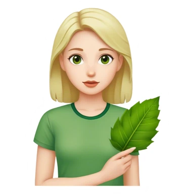 woman in green shirt with leaf sticker