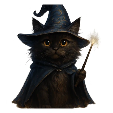 wizard cat wearing a magical hat, holding a wand, magical fantasy style sticker