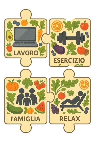 Puzzle (Lavoro, Esercizio, Famiglia, Relax), in lavoro metti icona di un PC, in Esercizio un Manubrio, in Famiglia una famiglia, in Relax qualcuno che riposa and healthy foods are integrated into each piece. in italiano sticker