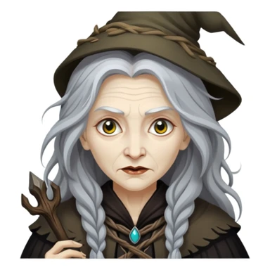 Baba Yaga sorceress woman with long wild hair, forest background sticker