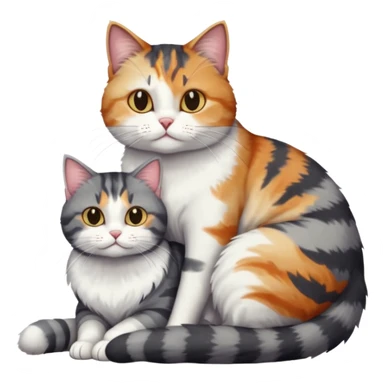 full body colourful light patched calico + white tabby cat cuddling a bigger cat that is dark grey and white tabby cat  sticker