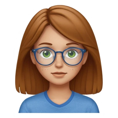 Create an emoji of a girl with light brown hair medium length hair, green eyes, freckles, glasses and wearing a blue shirt sticker