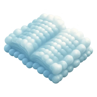 top view of a thick open book made entirely of small, very bright white fluffy convex clouds, matte glass style, no background sticker