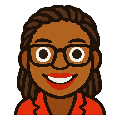 headshot emoji of Kemi Badenoch, with glasses and braided hair, standing, cartoon style, transparent background sticker