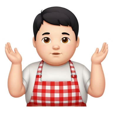 chubby boy with black hair styled upward in front, wearing a red and white checkered plaid apron sticker