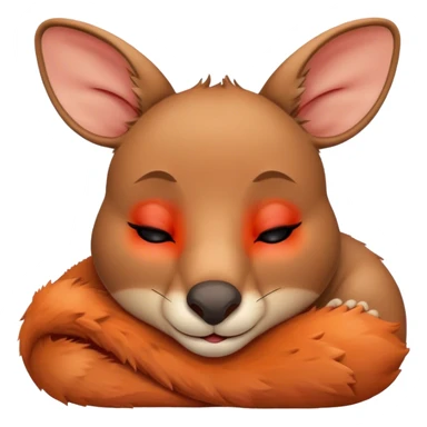 Meme-Worthy Cute Sleeping Kangaroo Portrait Emoji, Head resting peacefully with a contented smile, showcasing a robust build and a luxuriously soft red-orange fur, eyes shut in a serene, restful nap, Simplified yet hilariously adorable features, highly detailed, glowing with a soft, drowsy light, high shine, relaxed and utterly lovable, stylized with an air of playful laziness, bright and heartwarming, soft glowing outline, capturing the essence of a comically sleepy kangaroo, so meme‐worthy it feels like it could instantly become the next viral sensation of adorable slumber! sticker