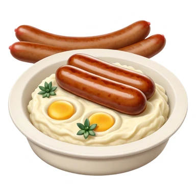 Cinematic Realistic Bangers and Mash Dish Emoji, featuring succulent pork sausages paired with creamy mashed potatoes rendered with detailed textures and natural highlights that emphasize its robust, hearty flavor. sticker