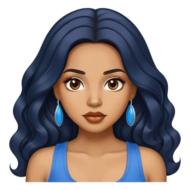 light brown skin tone, very beautiful woman, with big plump lips, long long lashes, black long wavy hair, middle hair parting, brown eyes, blue tank top sticker