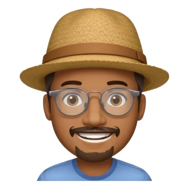 Brown man smiling no teeth showing with hat, clear glasses and goatee sticker