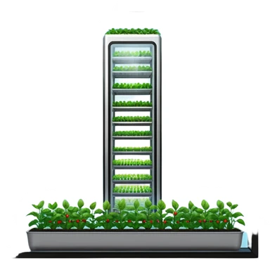 Vertical farm inside a towering skyscraper, with various crops growing in a hydroponic system under LED lights, viewed through a large window overlooking a futuristic city. sticker