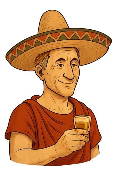 Используя такую стилистику сгенерируй довольного Императора Цезаря с мексиканской шляпе на голове и держащего в руках стопку текилы, прозрачный фон sticker