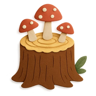 a tree stump cake topped with mushrooms, forest dessert concept, paper craft style sticker