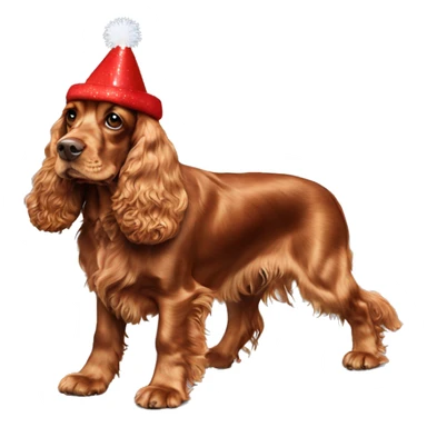 A full-length, adult, red cocker spaniel in a New Year's cap sticker