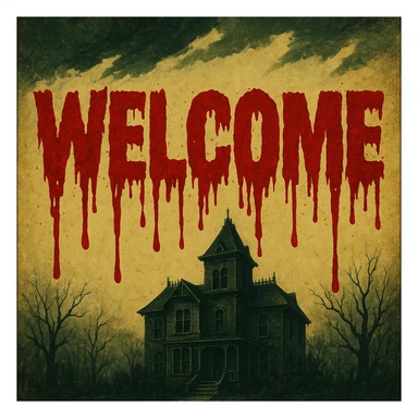 Welcome text with bloodier dripping blood effect in retro horror movie poster style, keep rest of banner unchanged sticker