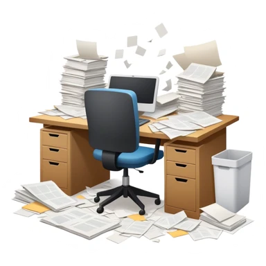 minimalist desk cluttered with papers spilling over, symbolizing overwhelming admin workload sticker