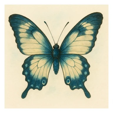 realistic whimsical black, blue and cream butterfly, natural colors, soft, fairy-like atmosphere, no background, square size sticker