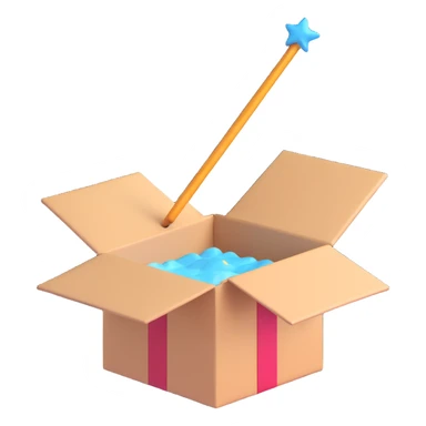 a 3D emoji style icon of an open box with a magic wand floating above sticker