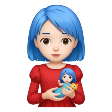 blue haired red wearing small girl with small toy sticker