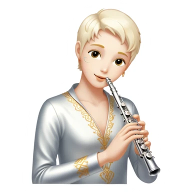 Cinematic Realistic Flute, polished silver metal with precise keywork, warm golden reflections dancing along its surface, soft hands carefully positioned over the keys, glowing with an elegant and airy charm. sticker