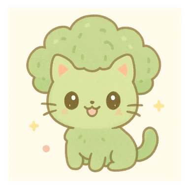 broccoli cat with green fuzzy fur, cat with broccoli-shaped head, cute and playful, kawaii style, simple background sticker